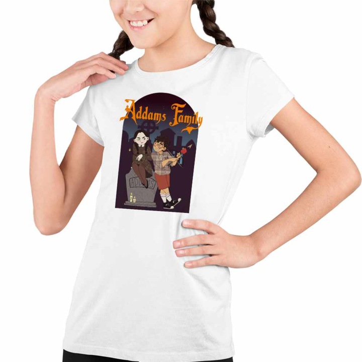 Tricou Copii Fete Familia Addams Wednesday Horror Cimitir Halloween Valenines Day Dragobete Cupidon, Fehér