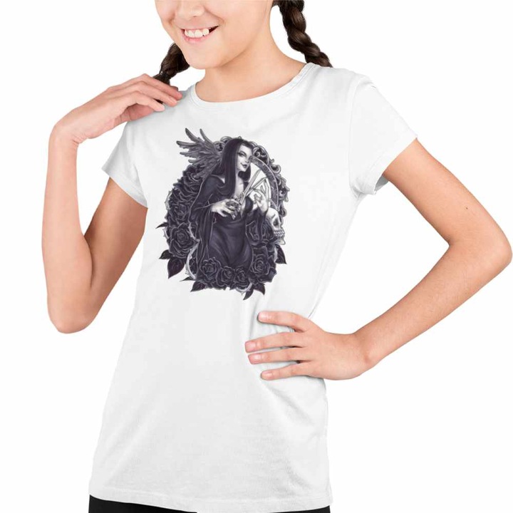 Tricou Copii Fete Familia Addams Morticia Foarfec Unghii Horror Halloween Regina, Fehér