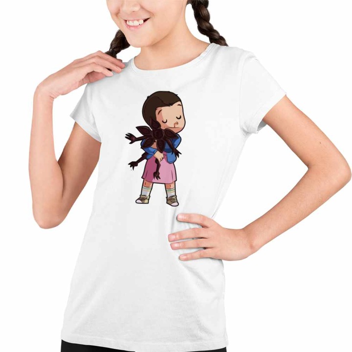 Tricou Copii Fete Stranger Things Eleven Demogorgon Chibi, Fehér