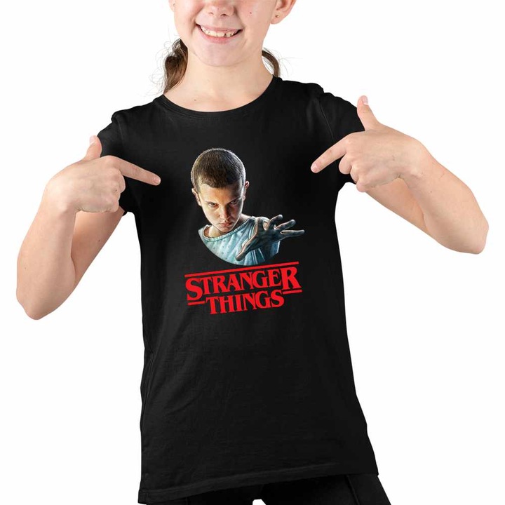 Tricou Copii Fete Stranger Things Eleven Jane Hopper, Fekete