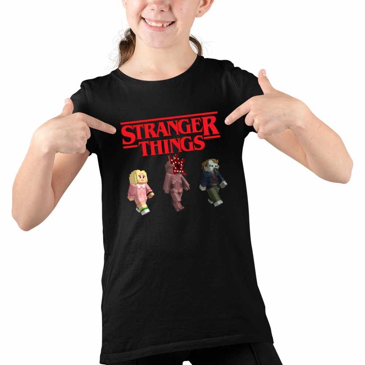 Tricou Copii Fete Stranger Things Minecraft Demogorgon Roblox, Fekete