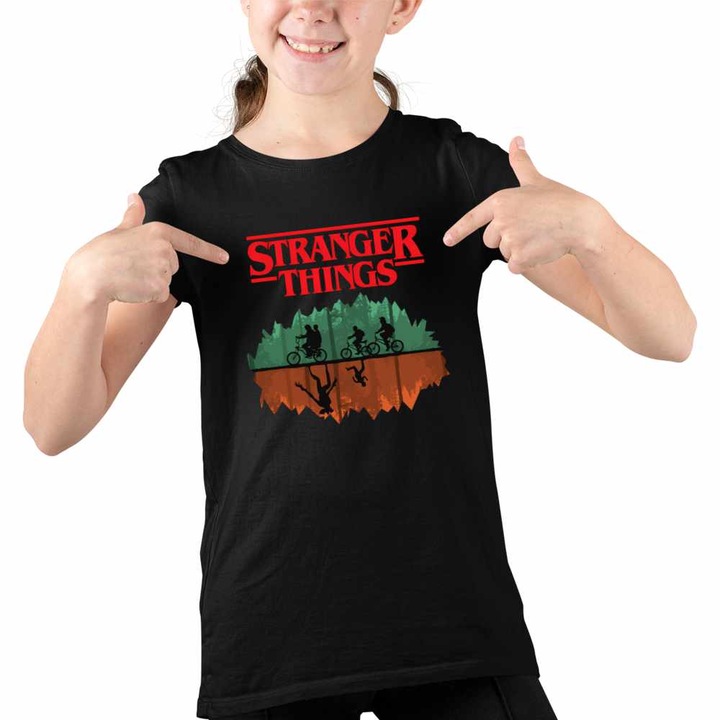 Tricou Copii Fete Stranger Things Padure Bicilete Abis Monstri, Fekete
