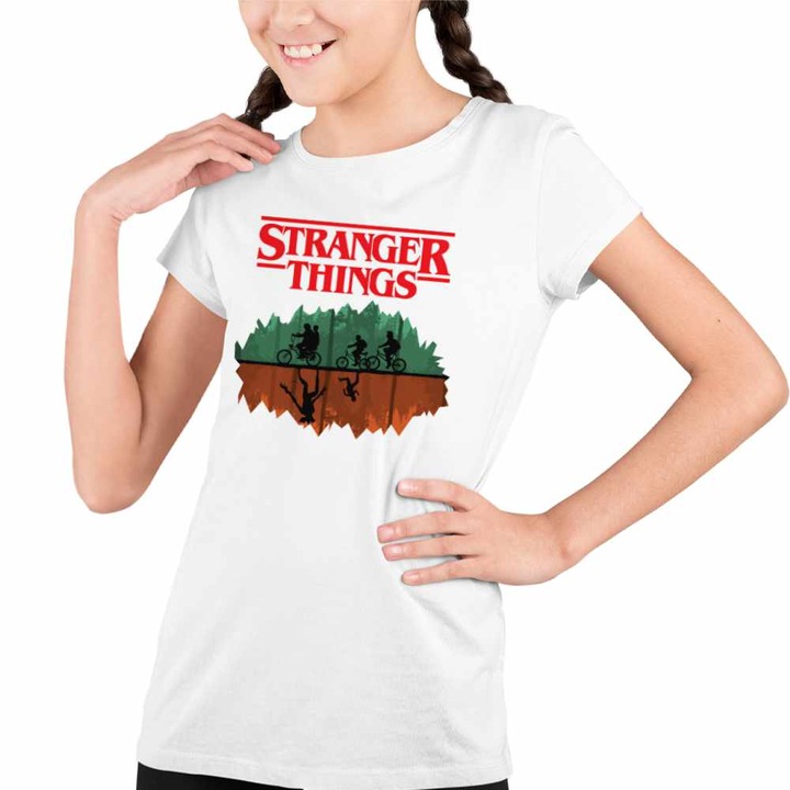 Tricou Copii Fete Stranger Things Padure Bicilete Abis Monstri, Fehér