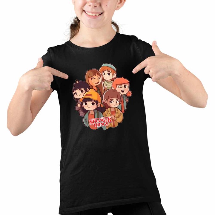 Tricou Copii Fete Stranger Things Cartoon Personaje, Fekete