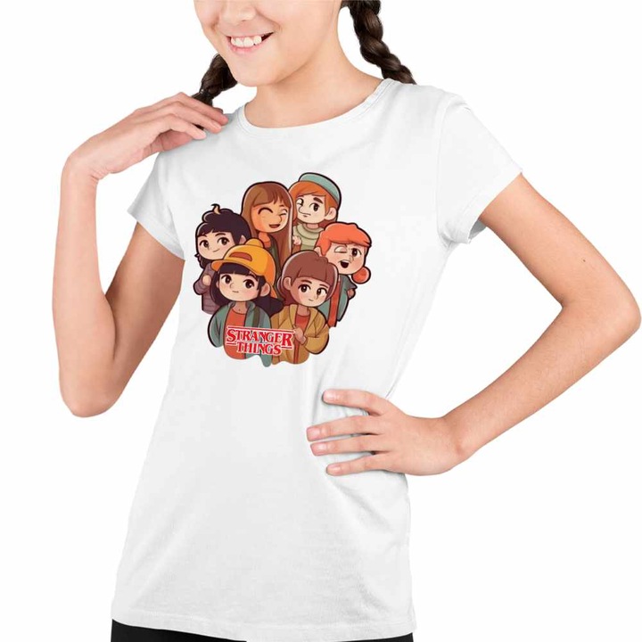 Tricou Copii Fete Stranger Things Cartoon Personaje, Fehér