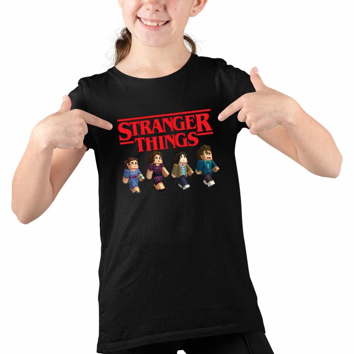 Tricou Copii Fete Stranger Things in Roblox Minecraft Abis, Fekete