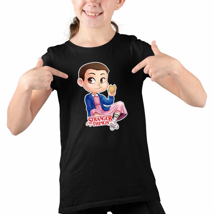 Tricou Copii Fete Stranger Things Jane Eleven Desene Cartoon, Fekete