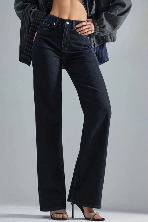 Blugi dama HiCCUP, talie inalta, picior larg, albastru inchis, denim