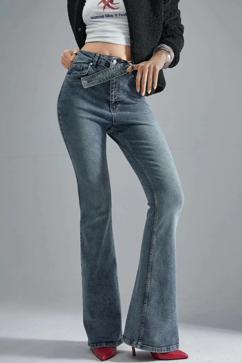 Blugi dama, HiCCUP, evazati, talie inalta, albastru, denim