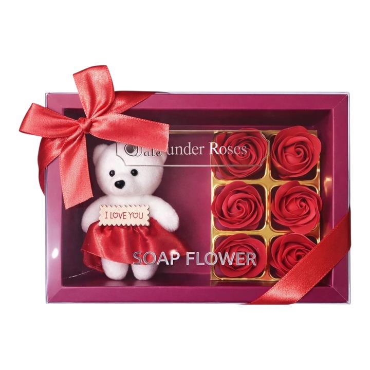 Set cadou trandafiri din sapun cu ursulet "I Love You", cutie decorativa cu funda, rosu, Valentine's Day