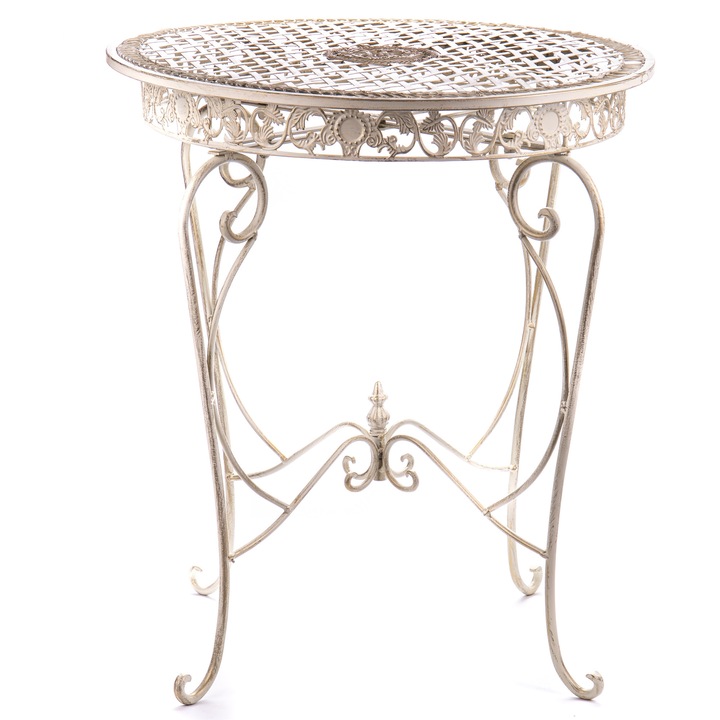 Masa rotunda din fier forjat, alb, rezistenta la exterior, 75x67x67cm