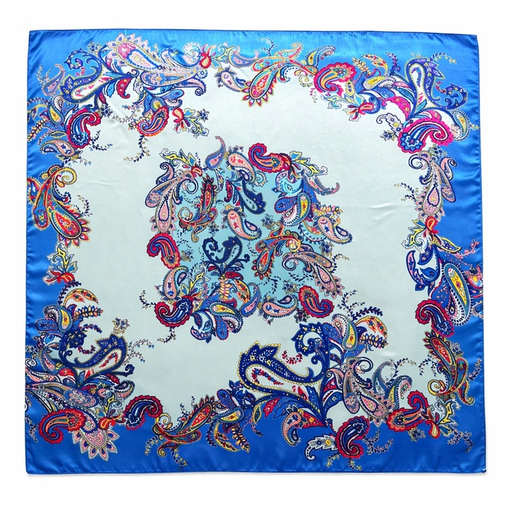 Esarfa eleganta de dama, imprimeu luxury, satin, 90 x 90 cm, Albastru deschis/Multicolor, 90 x 90 cm