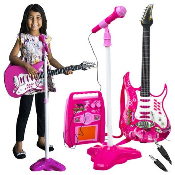 Set instrumente muzicale cu microfon, chitara si amplificator, 72x24cm/27x19cm, roz