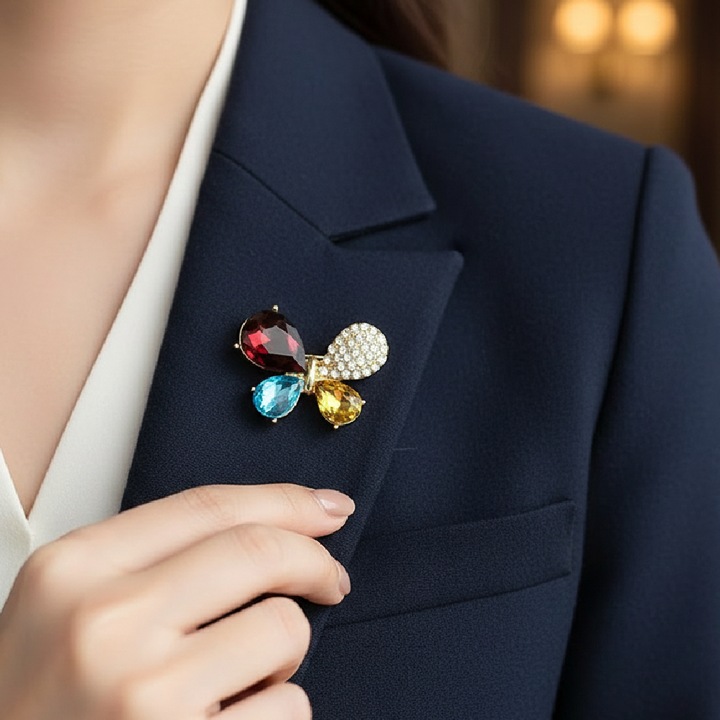 Martisor Brosa Dama Rahel, Model Fluture Elegant, Placata cu Aur 18K, Cristale Multicolore, Stil Francez, Cutie Cadou inclusa