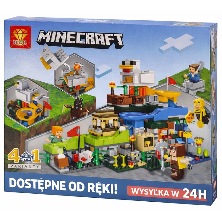 Zestaw klocków typu Minecraft 4 w 1, 4 zestawy konstrukcyjne, kompatybilne, dla dzieci 6+