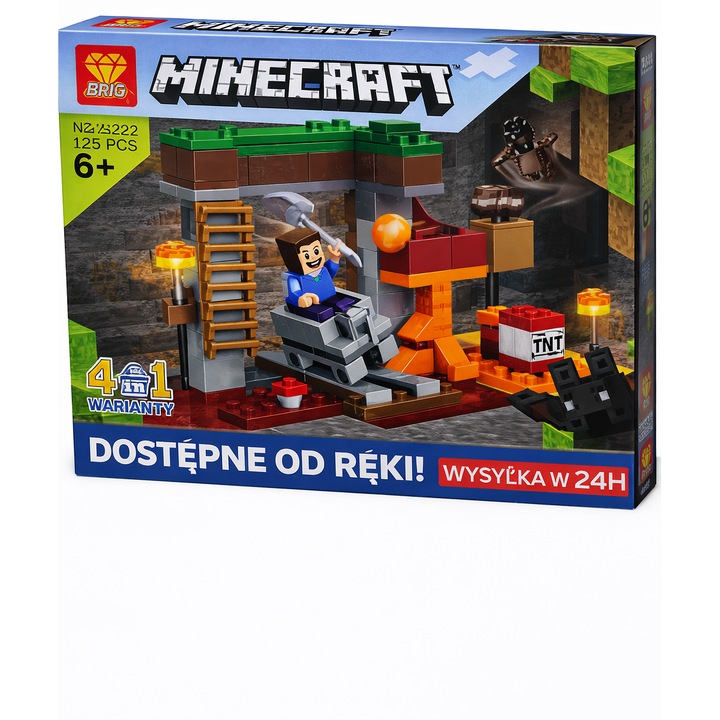 Блокове Minecraft 4в1 Пещера 125 ел., Конструктивен Комплект с Количка и TNT, За Деца 6+, Съвместими с други блокове