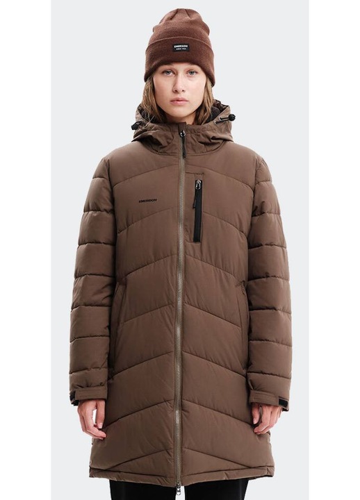 Geaca lunga dama Emerson, tip Puffer, cu gluga, maro, material sintetic