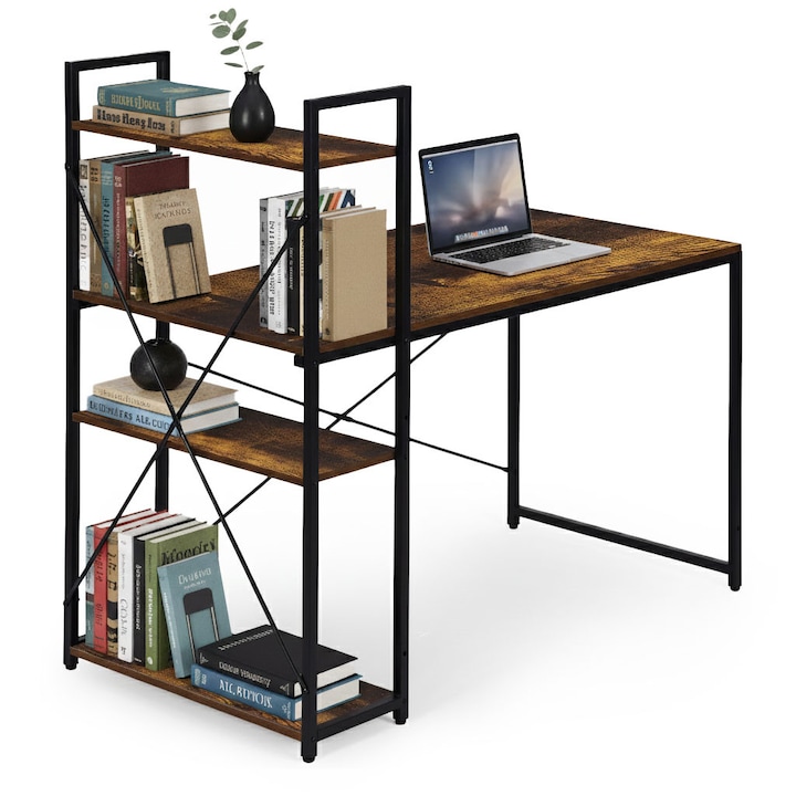 Birou Computer Birou computer cu raft, 120x60 cm, 3 polite, metal si MDF, stil loft ...