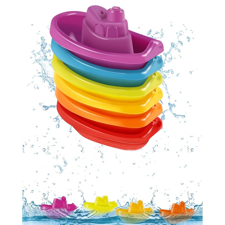 Norkbeng Stacking Toy Boat, 6PCS Jucarii educative pentru apa pentru copii mici 1-3 ani, jucarii de baie pentru copii cu varsta intre 1 si 3 ani, cadouri de ziua de nastere pentru baieti si fete