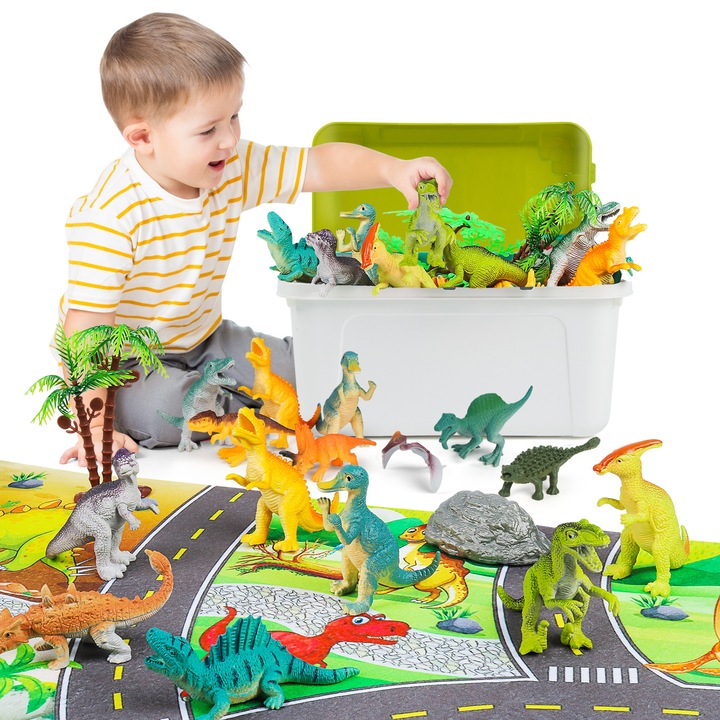 Set de joaca cu dinozauri, Norkbeng, 20 figurine, covor de joaca 24x20 inch, cutie de depozitare, pentru copii 3-5 ani