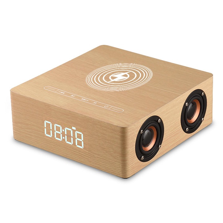 Boxa Bluetooth cu Ceas Digital, ORBER, Lemn, Wireless cu Incarcare, 4 Difuzoare, Sunet Puternic 12W, Alarma, Control Tactil, Radio, Suport U Disk/TF Card/AUX, Afisaj LED Mare, Baterie 3600mAh, Portabila pentru Acasa/Birou，Fibra de lemn galbena