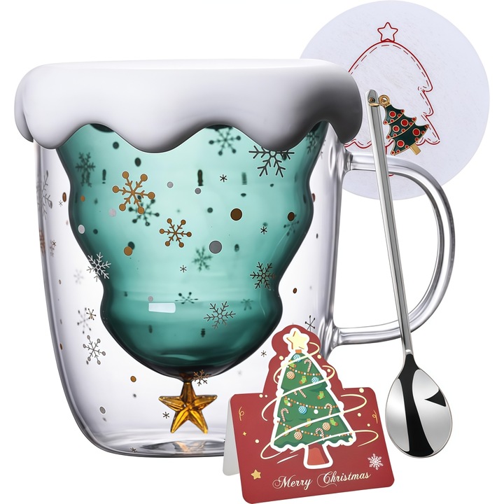 Cana de cafea pentru Craciun, ceasca de ceai, XONGSOR®, cu o lingura, pahare cu lapte, Sticla borosilicate, Perete dublu, pentru femei, barbati, copii, birou si personal, Alb/Verde