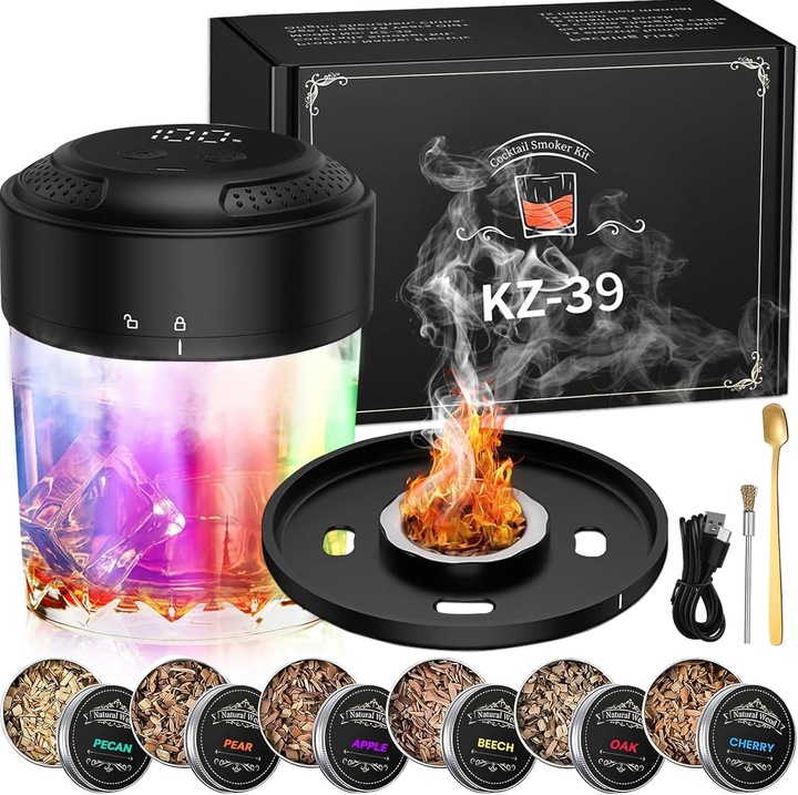 Afumatoare electrica pentru whisky, kit de afumatoare pentru cocktailuri reincarcabila USB-C cu ecran LED - Set cu 6 tipuri de lemn natural, fara butan, Cadoul ideal pentru iubitorii de cocktailuri