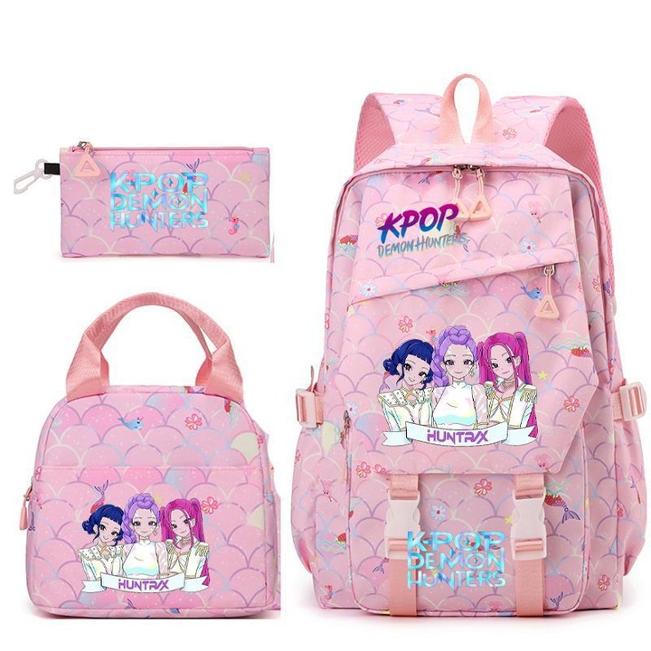 Ghiozdan copii set 3 piese, imprimeu anime, geanta si etui pentru creioane, multicolor