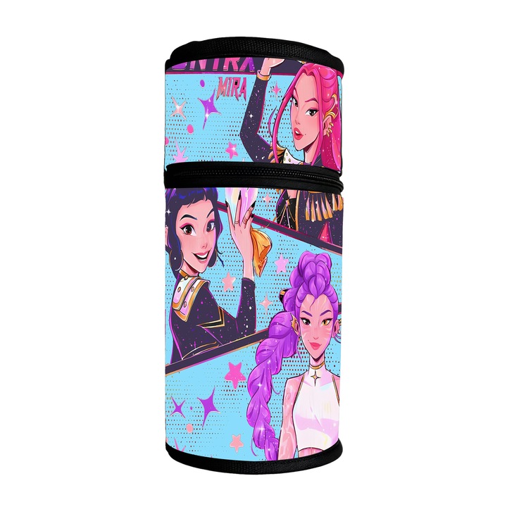 Penare cilindrica Demon Girl Group, capacitate mare, design cu fermoar dublu, pentru scoala, multicolor