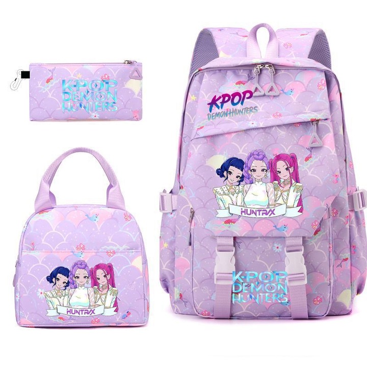 Ghiozdan copii set 3 piese, imprimeu anime, geanta si etui pentru creioane, multicolor