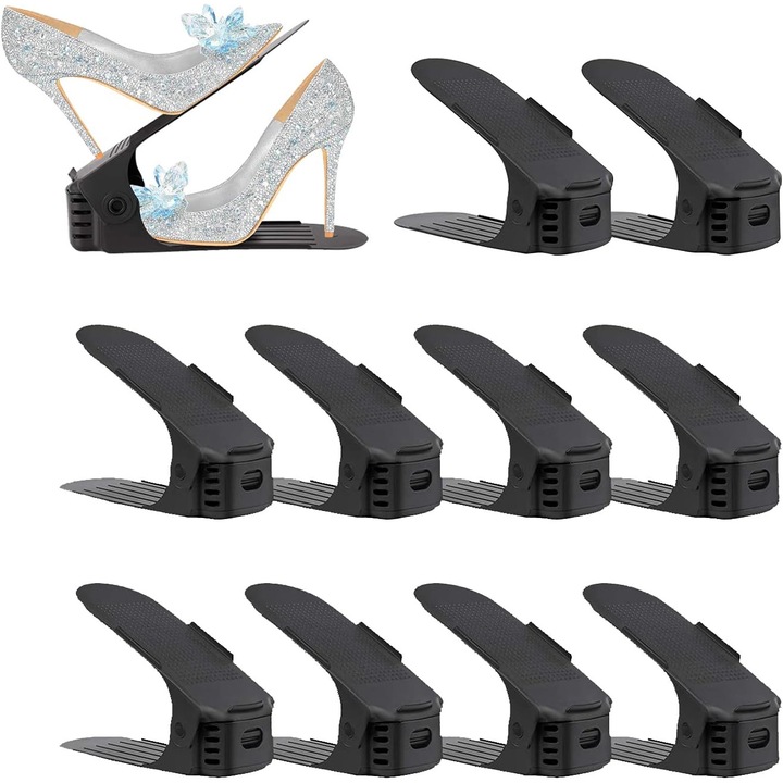 Állítható cipőtároló doboz, dupla tárolóhely, alkalmas magas sarkú cipőkhöz, tornacipőkhöz és szandálokhoz (10 darabos készlet)