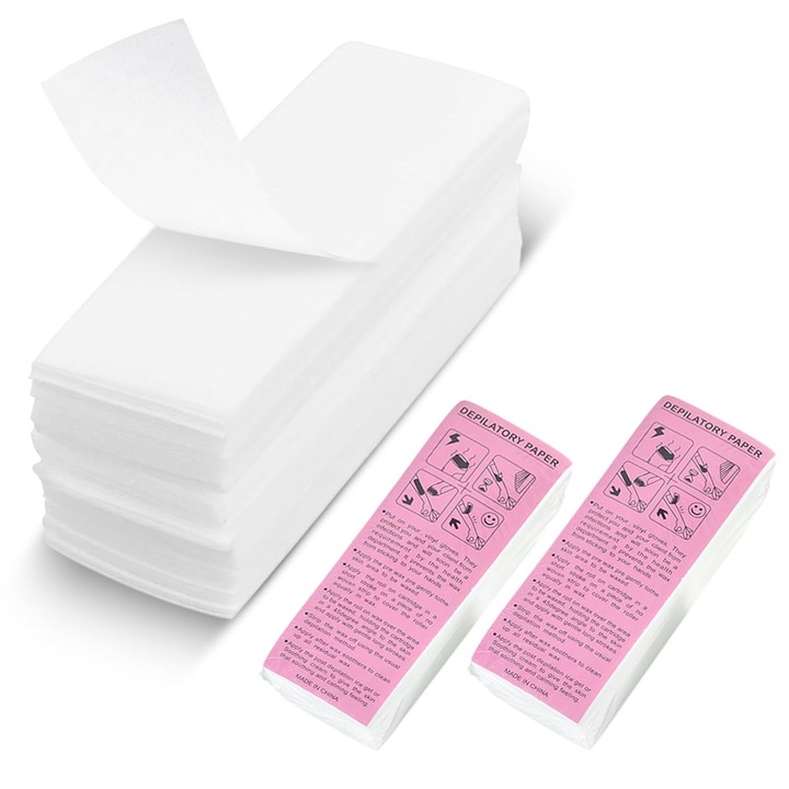 Pachet de 200 de benzi din fleece pentru epilare cu ceara calda si pasta de zahar, benzi de ceara din hartie, epilare bikini pentru orice tip de epilare pe picioare, piept, spate, zona intima, fata