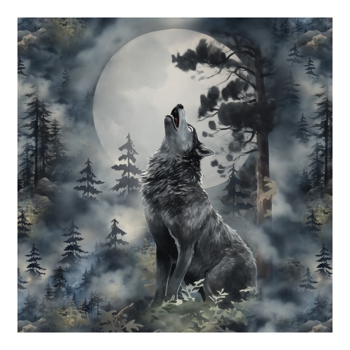 Material textil, Panou din tricot french terry 55x75 cm Night forest Wolf, bumbac 95%, elastan 5%