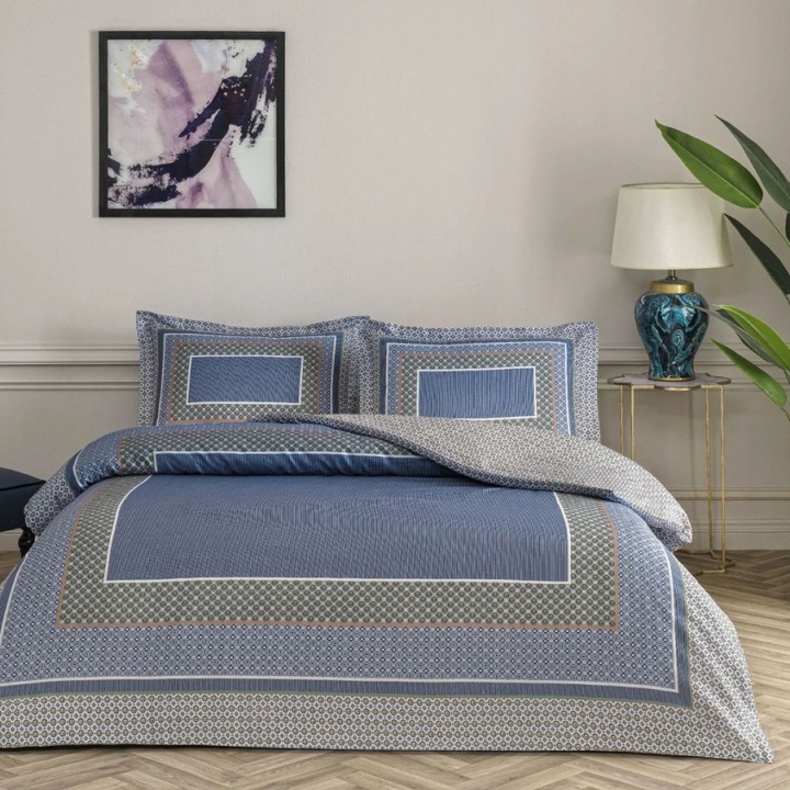 Geometriai mintás dupla ágynemű, 100% szatén pamut, 4 részes, 230x260 cm, TAC Mako-Szatén, Serenya