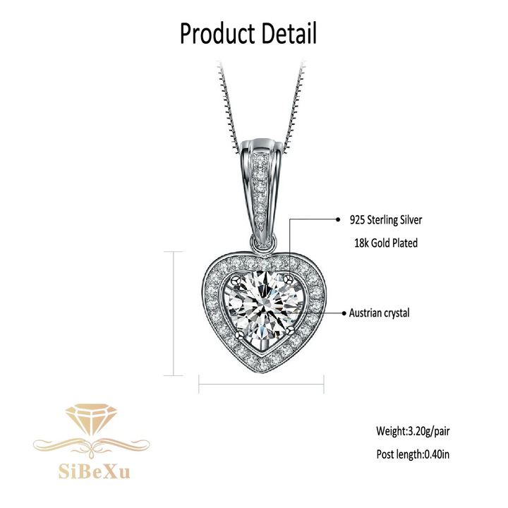 Колие висулка сърце, посребрено с 18К бяло злато, цирконий, сребристо, 45см