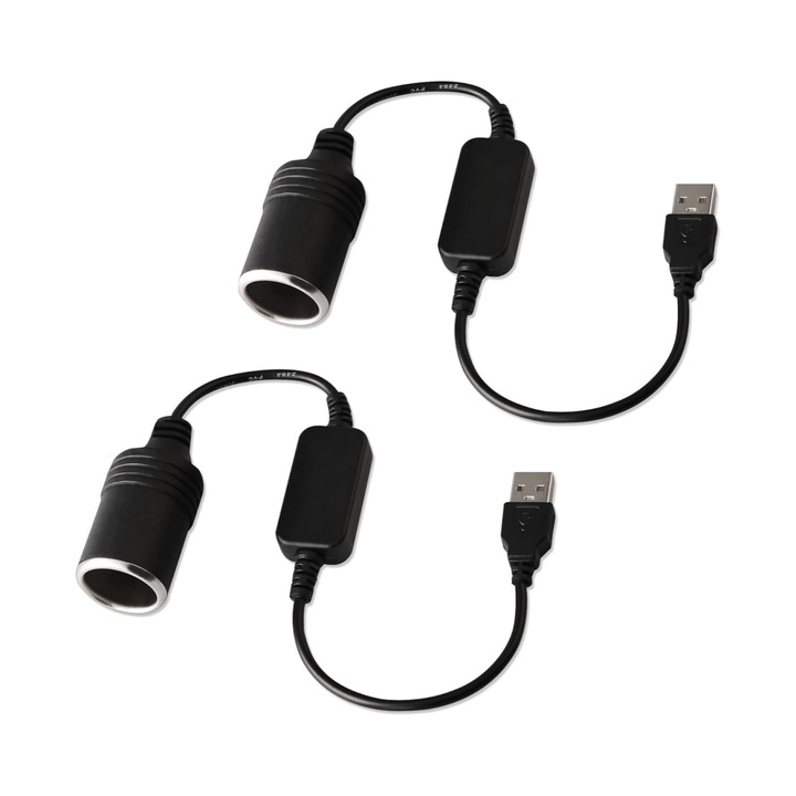 Set 2 Adaptoare USB la Priza Bricheta Auto 12V, 8W, Negru, 35cm, Lunniquee