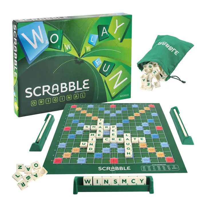 Joc Scrabble, Garsonal®,100 de carti cu litere, Suport din lemn pentru piese, 2-4 jucatori, 5 ani
