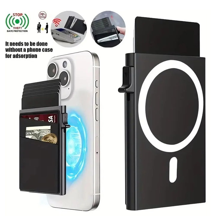 Портфейл за карти, JESWO, Ултратънък, Алуминий, RFID/NFC защита, Изскачащ държач за карти, Черен