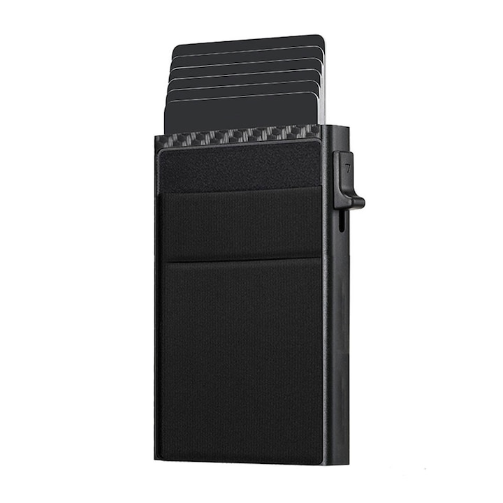 Портфейл, JESWO, Ултратънък, Алуминий, RFID/NFC защита, Изскачащ държач за карти, Черен