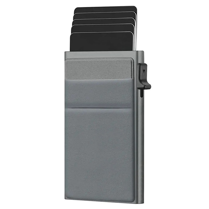 Ултратънък портфейл, JESWO®, Алуминий, RFID/NFC защита, Изскачащ държач за карти, Сив