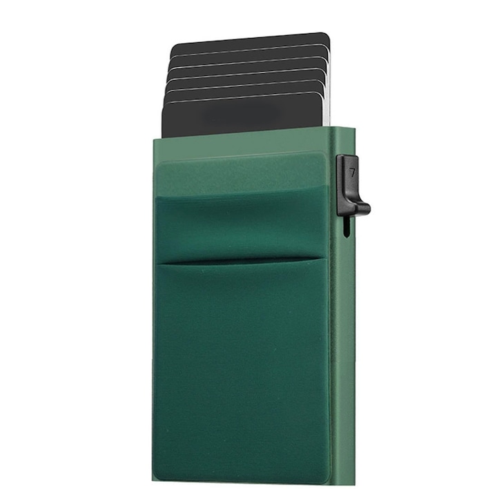 Портфейл за карти JESWO, алуминиев, зелен, RFID, 9.5x6.5см, еластичен, компактен