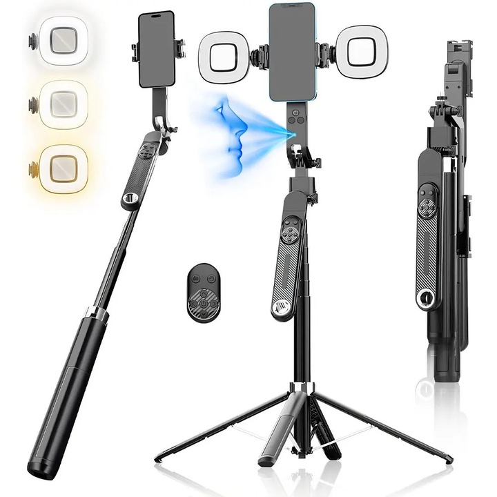 Selfie stick multifunctional, Garsonal®, Urmarire faciala AI, Control prin gesturi, 360°, 180 cm, vTelecomanda, Compatibil iOS/Android, 1500mAh, Negru