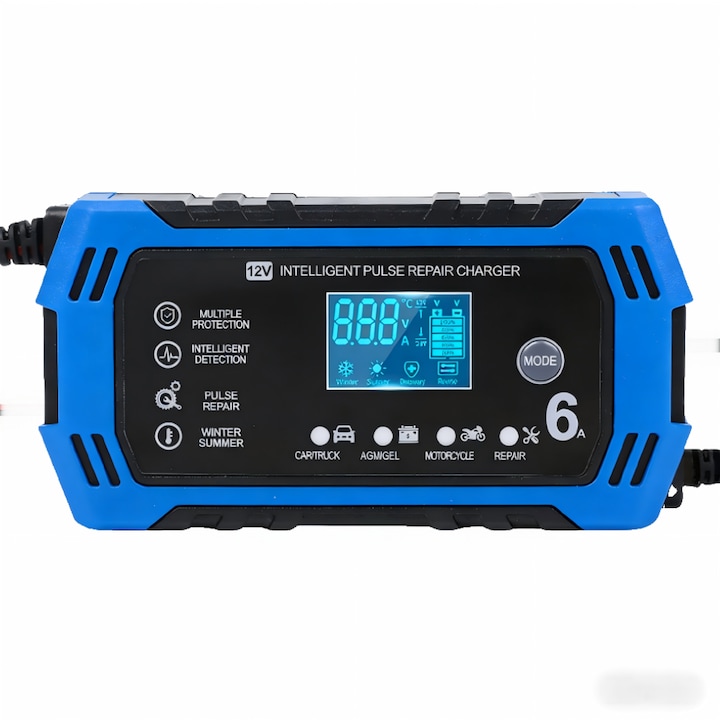 Incarcator inteligent de reparare cu impulsuri de 12V, universal pentru masini si motociclete, incarcare rapida 6A, intretinere baterie cu gel AGM, moduri iarna/vara, afisaj multifunctional