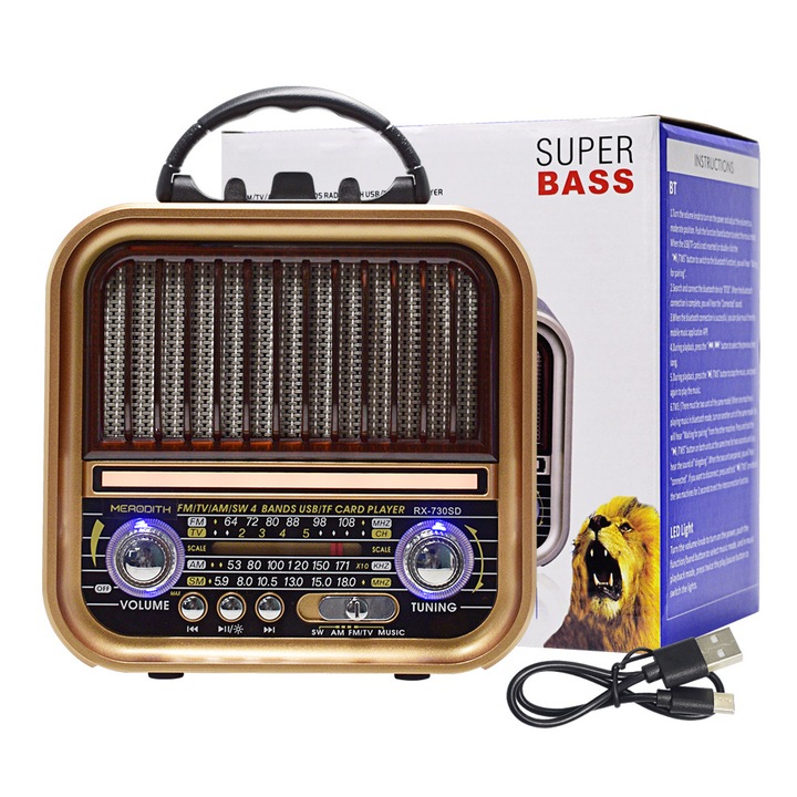 Elworld KK-239D радио винтидж преносимо дървено, TWS стерео Bluetooth високоговорител, FM/AM/SW радио, кафяв цвят, размери 18.8x11.9x19.7cm