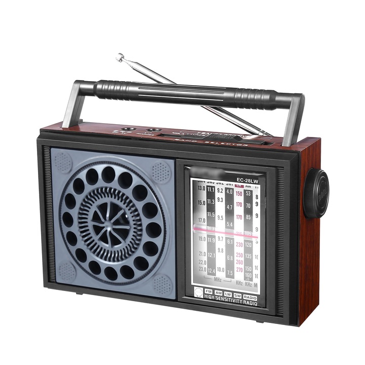 Elworld LT28LW hordozható rádió, FM/AM/LW/SW1-4, AUX, USB, sztereó hangszóró, MP3 lejátszó, újratölthető akkumulátor, fekete/barna, 19.5x6.9x11.8cm
