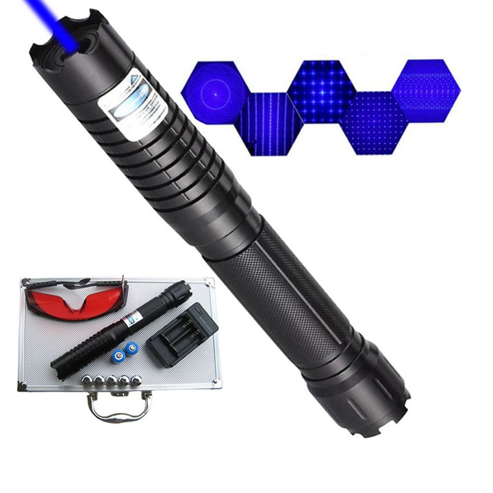 Kit laser albastru profesional, proiectie fascicul/stea, carcasa din aluminiu, ochelari de protectie