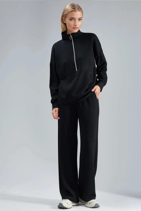 Set din doua piese, HiCCUP, pantaloni largi, guler cu fermoar, negru, material tricotat