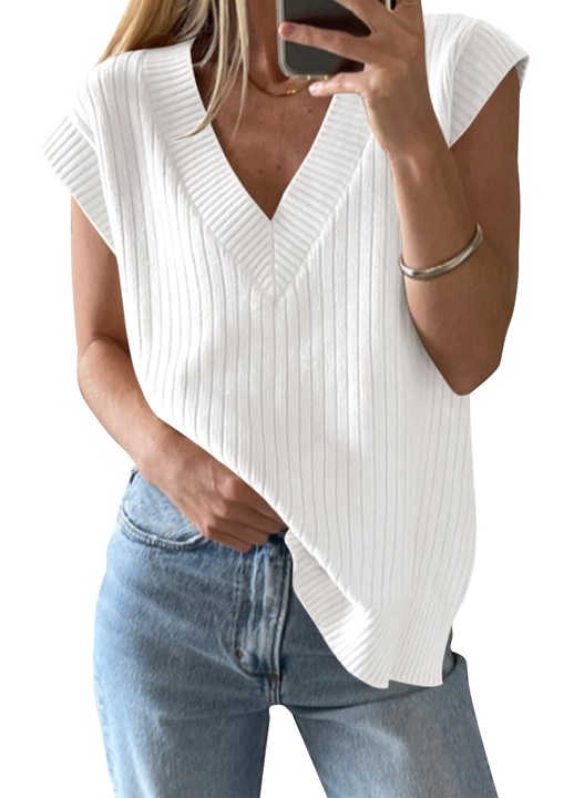 Pulover tricotat, Imily Bela, guler V, oversized（10049）, Alb