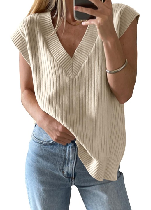 Pulover tricotat, Imily Bela, guler V, oversized（10049）, Bej