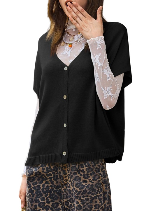 Cardigan oversized Imily Bela, cu maneca scurtă tip batwing, guler V（10145）, Negru